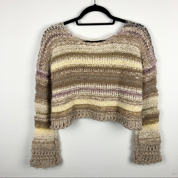 FREE PEOPLE Chunky Knit Cropped Sweater Bell Sleev - Picture 11 of 15